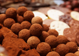 chocolate truffle balls on market counter