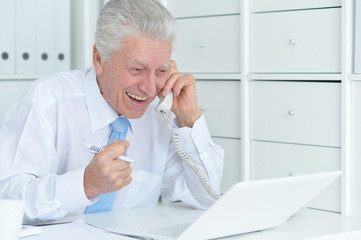 Mature businessman working in office talking on phone