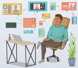 Programmer working remotely with laptop sitting at table and holds a meeting with other employees. Distant work with freelancers.  Home office workplace. Vector illustration