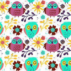 Cute owls and flowers on white background, seamless pattern