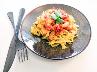 Pasta with Shrimp Dinner Dish on a the table