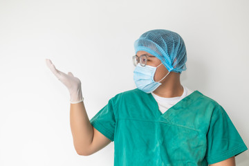 medical professional holding something in empty hand isolated over white background