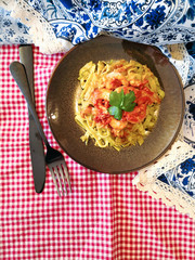 Pasta with Shrimp Dinner Dish on a the table