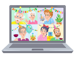Happy birthday! Friendly family is having a party on a laptop screen. Video chat online. Internet communication during quarantine. In cartoon style. Vector flat illustration