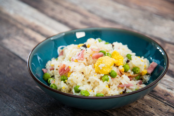Cantonese fried basmati rice with ham and eggs