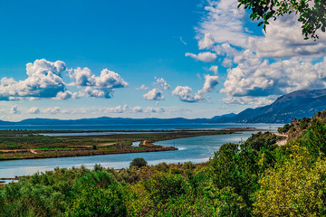 Panorama of Lake Butrint, wild landscape of Butrint area, UNESCO's World Heritage site in the south of Albania, Europe.