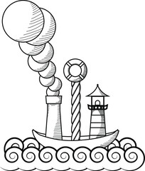 Abstract anchor drawn black and white print design. Marine stuff sea nautical vector. Old book illustration style