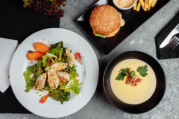 three-course set on a table in a business lunch restaurant