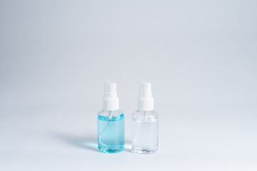 Alcohol gel, liquid and mask set in bottles for hand cleaning, virus cleaner set