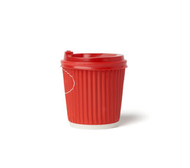 disposable hot drink red paper cup with lid isolated on white background