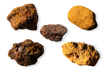 Colorful of nature Iron Ore rock in various sizes with clipping paths and dropped shadows background