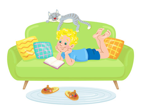 Funny boy is reading while lying on a green sofa. A sleeping cat is nearby. In cartoon style. Isolated on white background. Vector flat illustration.
