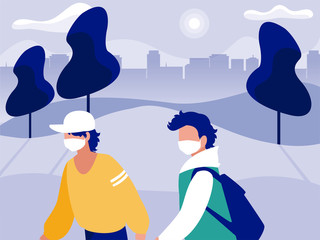 Men with masks at park in front of city buildings vector design