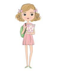 Hand drawn cute curly schoolgirl in dress with backpack and folder in hands. Back to school concept. Vector illustration isolated on white background