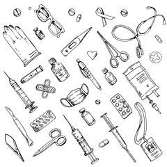 Collection of medical instruments - syringe, scalpel, medicine, pills, tweezers, badge, gloves, medical mask, patch, scissors, thermometer, test tube. Hand drawn doodle set. Outline inking isolated.