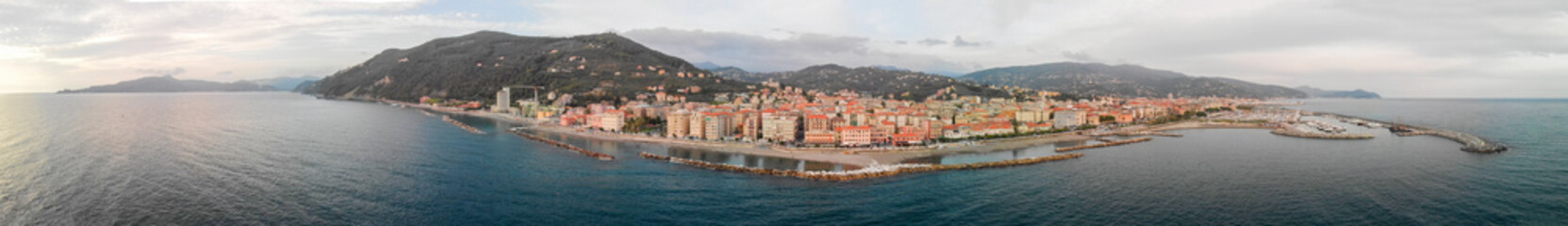 Fototapeta premium Chiavari at sunset, Italy. Aerial view from drone