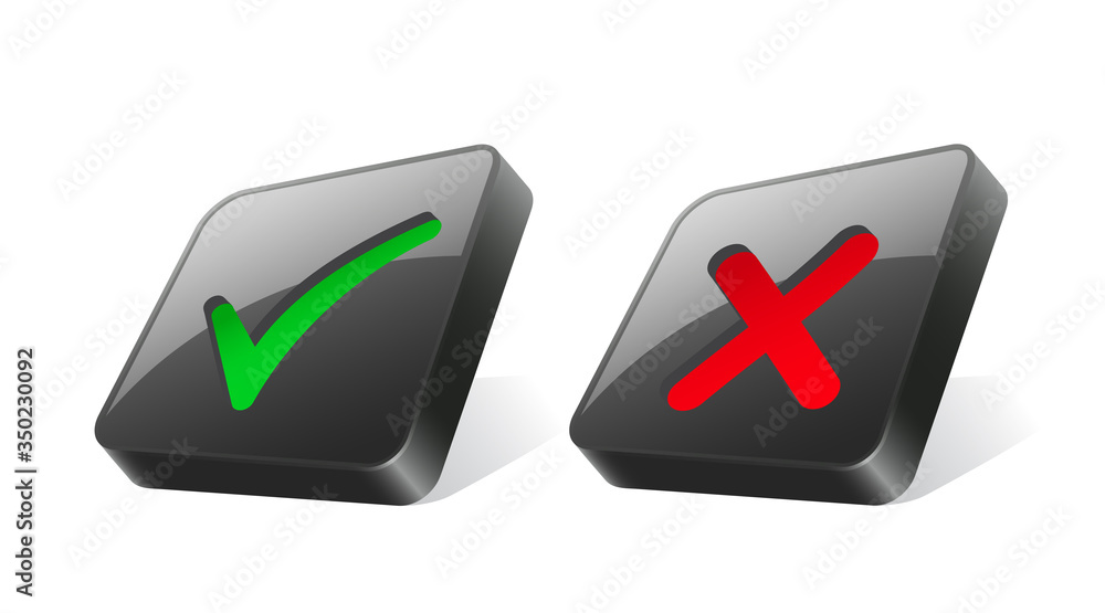 Poster cross and check mark icons. green and red ticks for right and wrong choice on 3d black square button