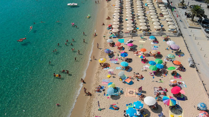 Amazing overhead aerial view of Cavoli Beach, Elba Island in summer season, Italy