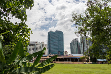 Huge skyscrapers behind tropical nature, Kuala Lumpur.