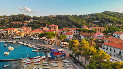 Naklejka premium Marina Di Campo, Elba Island. Beautiful aerial view of townscape in Italy