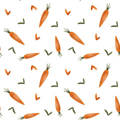 Cute kitchen pattern made of carrots and hearts. Texture digital art on a white background. Print for fabrics, stationery, decoration sites, banners, wrapping paper, posters, cards.