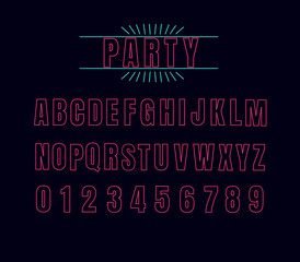 Pink Neon alphabet font.
multicolored font letters and numbers. 
font named "PARTY" with label design.
