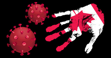 Image of hand with country flag and stylized coronovirus.Illustrated image