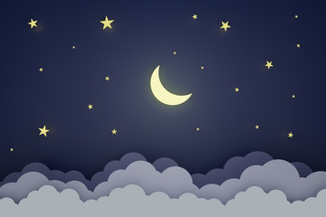 Obraz na płótnie Canvas 3D Render. The crescent moon and stars shine and the cloudy night sky. Mystical Night sky background. Paper art style. Picture ideas for sleeping well or lulling children to bed, suitable for children