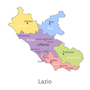 Vector illustration: administrative map of  Lazio with the borders of the provinces. Names of cities, regions and communes of Lazio