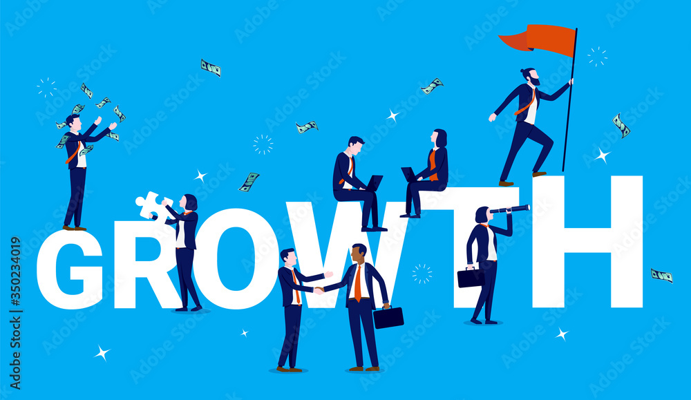 Poster growth - business team working with various tasks, and the word growth is growing in background. suc