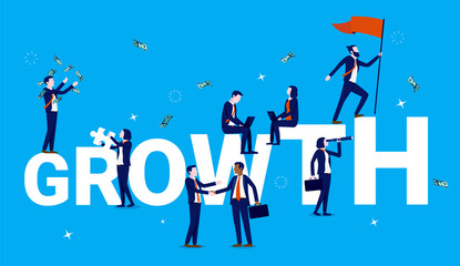 Growth - Business team working with various tasks, and the word growth is growing in background. Success, teamwork progress, and the way forward concept. Corporate vector illustration.