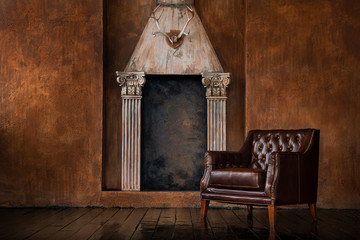 Leather vintage armchair in the interior.