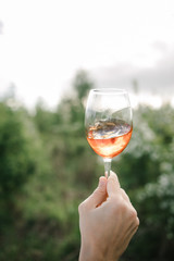 A glass of red wine in hand against the background of the sunset
