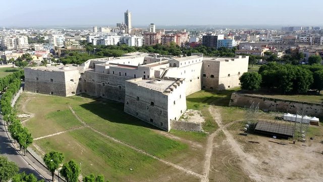 Aerial view, Flight at Castello Svevo and Cathedral Basilica of Saint Mary 'Maggiore', Trani region, Barletta,, Apulia, Italy,