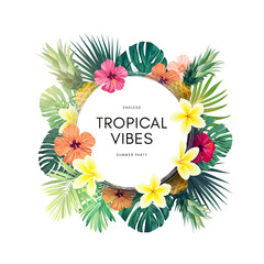 Vector summer design with exotic monstera palm leaves, Frangipani and Hibiscus flowers and space for text. Sale offer template, banner of flyer background. Tropical backdrop illustration.