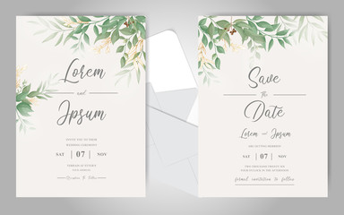 Fototapeta na wymiar Greenery Wedding Invitation Cards Set Template