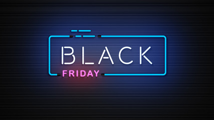 Fototapeta premium Black friday neon sign on brick wall background 