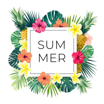 Vector square summer design with exotic monstera palm leaves, Frangipani and Hibiscus flowers, pineapples and space for text. Sale offer template, banner of flyer background. Tropical backdrop