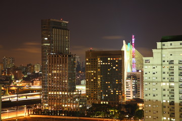 Fototapeta na wymiar Sao Paulo city skyline with Octavio Frias de Oliveira Bridge and Morumbi district during night, Brazil