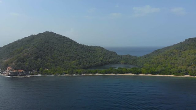 Aerial view of this magnificent triangular hypersaline pond is must see destination on the island of Chacachacare in the Bocas del Dragon region of Trinidad