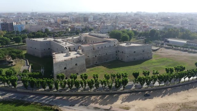 Aerial view, Flight at Castello Svevo and Cathedral Basilica of Saint Mary 'Maggiore', Trani region, Barletta,, Apulia, Italy,