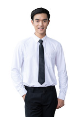 Portrait of business man, Asian young male in white shirt smilling isolated on white background