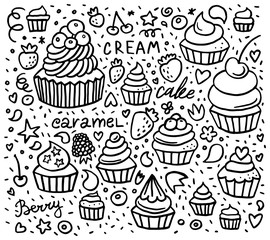 Hand drawn cupcake doodle background pattern with desserts, berries, and lettering. Vector illustration