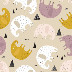 Naklejka premium Happy elephants, hand drawn backdrop. Colorful seamless pattern with animals. Decorative cute wallpaper, good for printing. Overlapping background vector