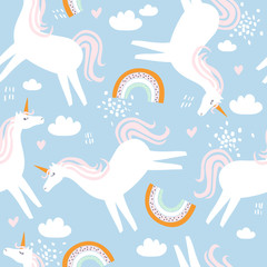 Horses- unicorns, hand drawn backdrop. Colorful seamless pattern with animals, sky. Decorative cute wallpaper, good for printing. Overlapping background vector. Design illustration - 350238644