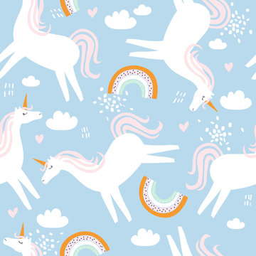 Horses- unicorns, hand drawn backdrop. Colorful seamless pattern with animals, sky. Decorative cute wallpaper, good for printing. Overlapping background vector. Design illustration