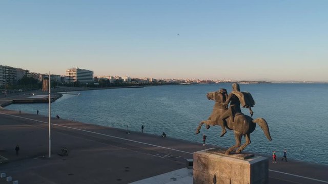 Aerial drone clip of the statue of Alexander the Great, in Thessaloniki in Greece