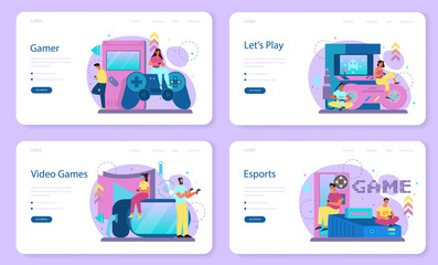 Professional gamer web banner or landing page set. Person play © inspiring.team