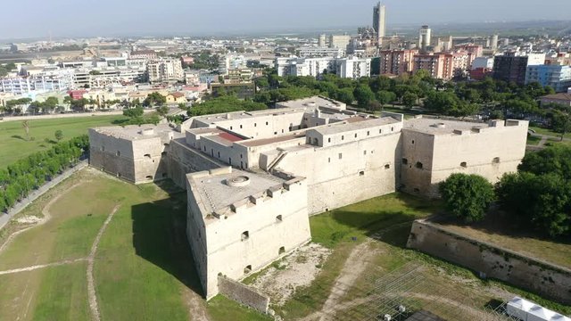 Aerial view, Flight at Castello Svevo and Cathedral Basilica of Saint Mary 'Maggiore', Trani region, Barletta,, Apulia, Italy,