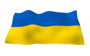 The flag of Ukraine on a white background. National flag and state ensign. Blue and yellow bicolour. 3D illustration waving flag